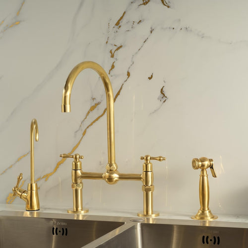 Unlacquered Brass Center ball Bridge Sink Faucet with Sprayer