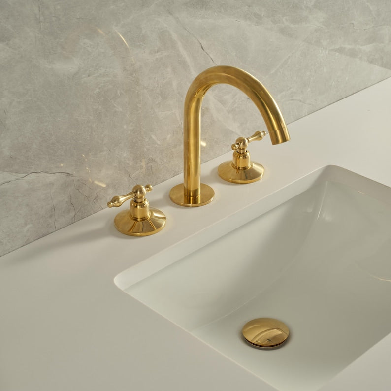 Unlacquered Solid Brass Widespread Bathroom Faucet – Vanity Sink Faucet with Pop-Up Drain