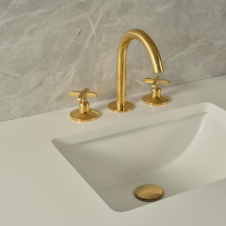 Unlacquered Solid Brass Widespread Bathroom Faucet – Vanity Sink Faucet with Pop-Up Drain