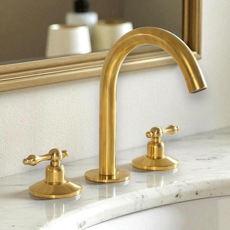Unlacquered Solid Brass Widespread Bathroom Faucet – Vanity Sink Faucet with Pop-Up Drain
