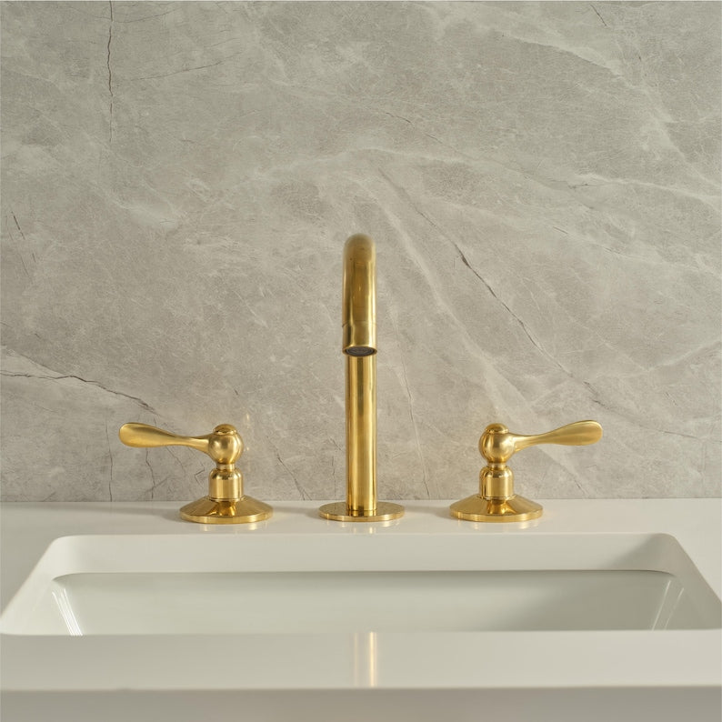 Unlacquered Solid Brass Widespread Bathroom Faucet – Vanity Sink Faucet with Pop-Up Drain