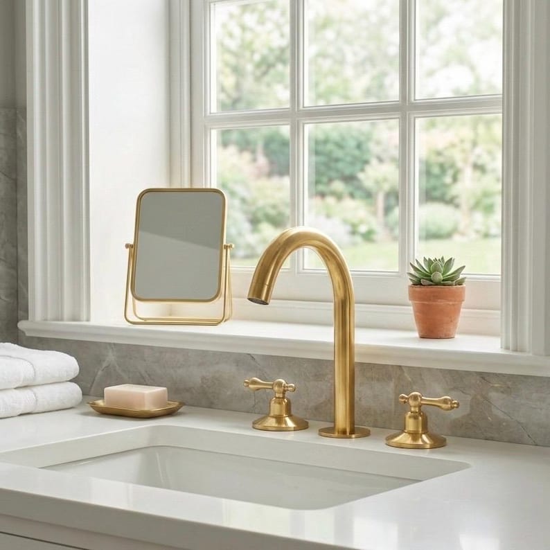 Unlacquered Solid Brass Widespread Bathroom Faucet – Vanity Sink Faucet with Pop-Up Drain