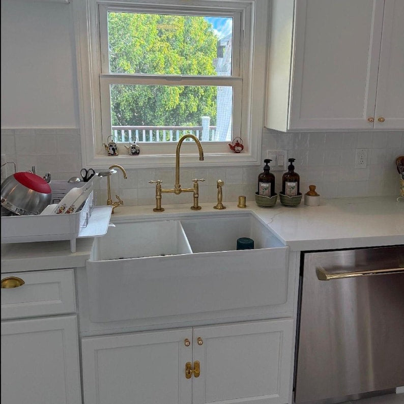 Unlacquered Brass Center ball Bridge Sink Faucet with Sprayer